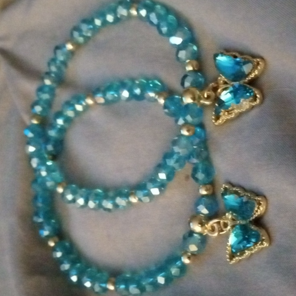 AURORA BOREALIS TEAL BUTTERFLY BRACELET SET OF TWO - Picture 2 of 2